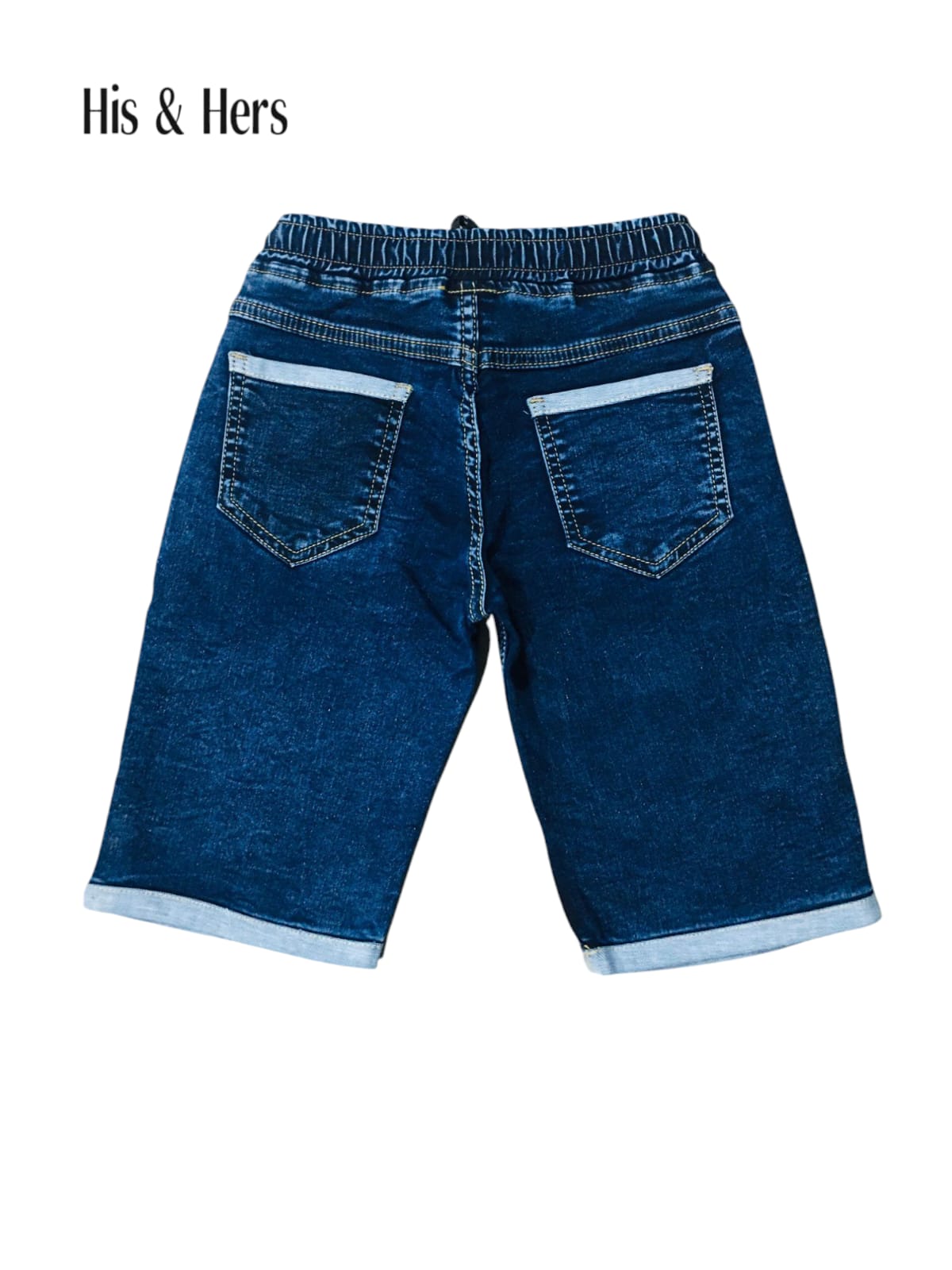 Elastic Waist &Cuffed Hem Dark -Blue Denim Shorts Boys