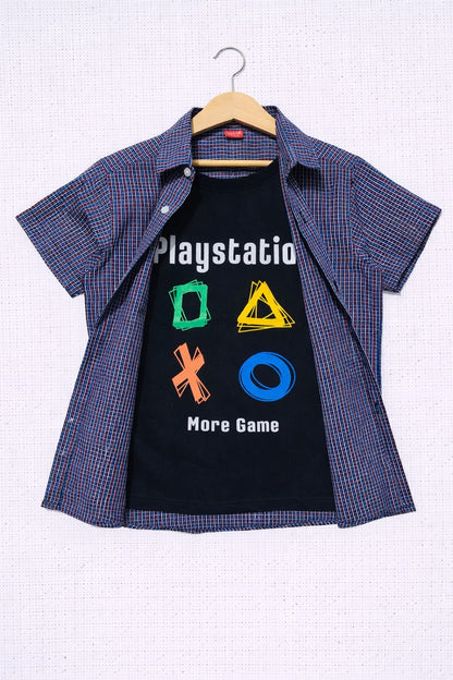 Blue Black Play Station Double Casual Shirt Boys 226