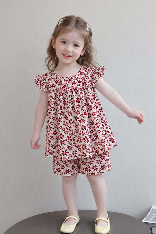 Girls Red Floral Printed Top & Shorts Set