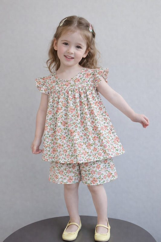 Girls Orange Flowers Printed Top & Shorts Set