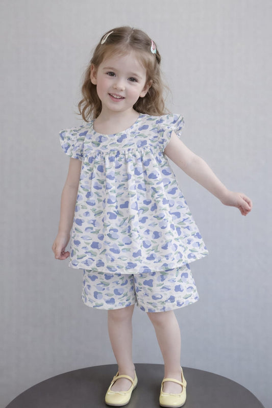 Girls Blue Petals Printed Top & Shorts Set