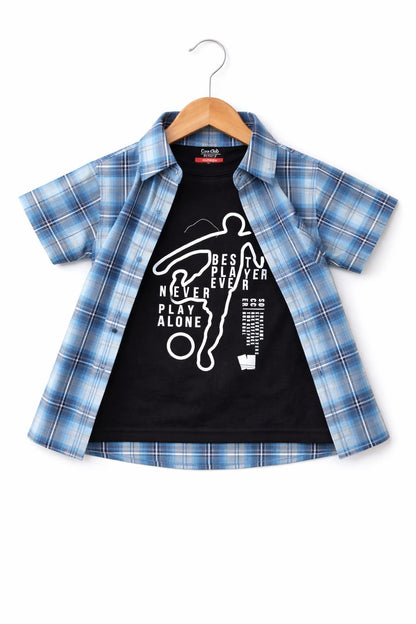 Black Blue Checked Never Play Alone Printed  Double Casual Shirt