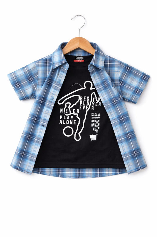 Black Blue Checked Never Play Alone Printed  Double Casual Shirt