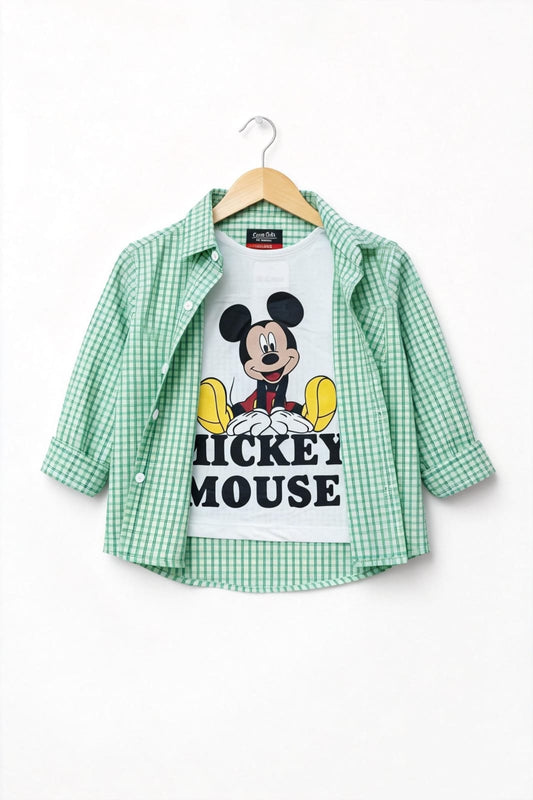 Green White Checked  Mickey Mouse Printed Double Casual Shirt