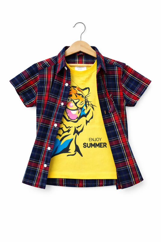 Red & Blue & Black Checked Tiger Double Casual Shirt 210