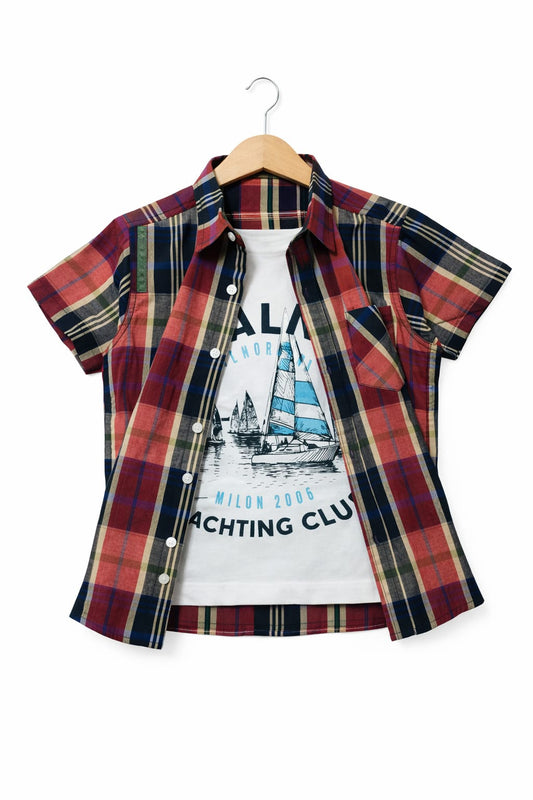 Red &Black Checked [ Sailing Boat ] Double Casual Shirt Boys 207