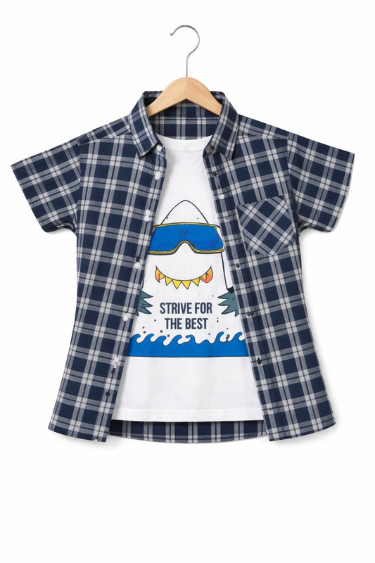 Black & Grey Checked [Strive For The Best] Double Casual Shirt Boys 251