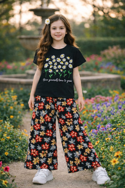 Multi Flowers Black T-Shirt &Cotton Flapper 432