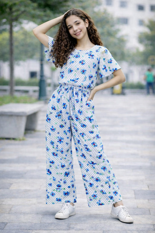 Dotted  blue White Flowers  white  Bloom Cotten  Girls Co-Ord Set