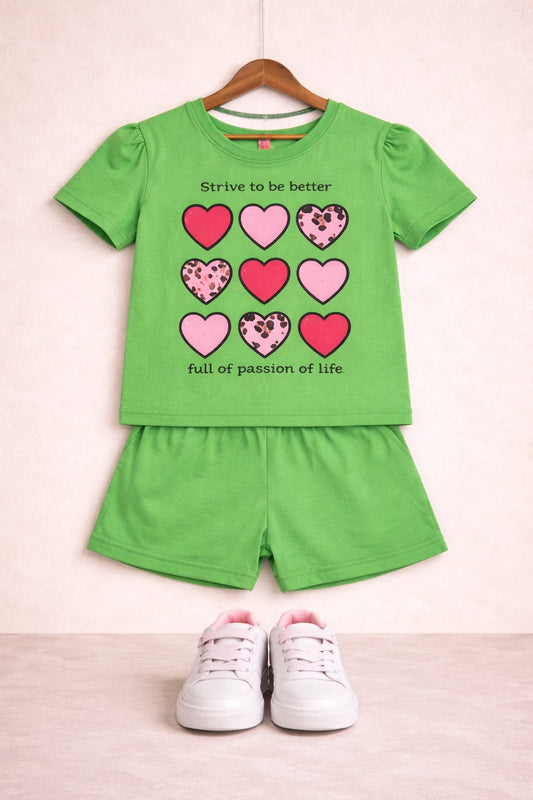 Red Pink Heart  Printed Green  Nicker Suit Girls
