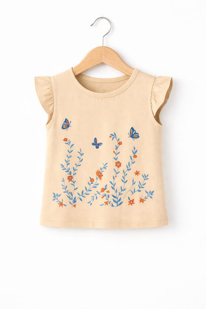 Butterfly & Flowers Sleeveless Beige T-Shirt Girls