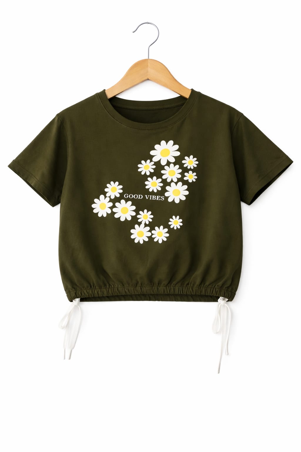 White  Flowers Green T-Shirt Girls 243