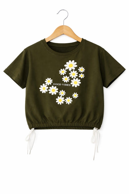 White  Flowers Green T-Shirt Girls 243