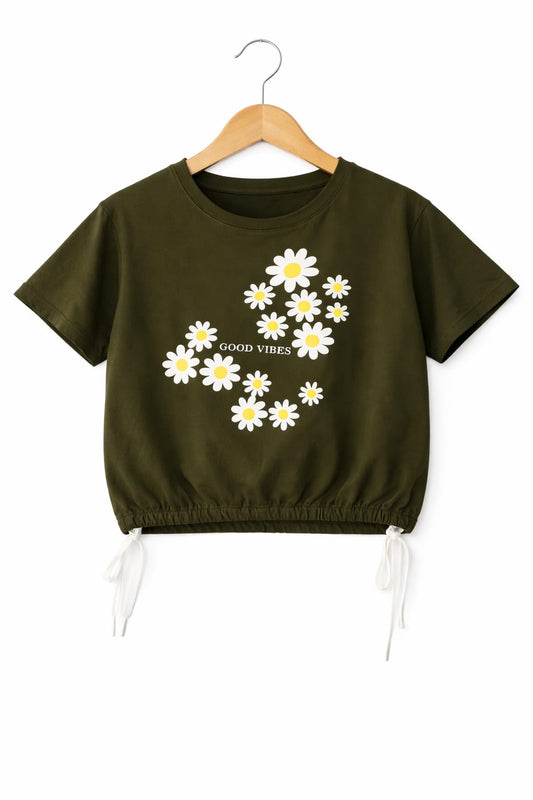White  Flowers Green T-Shirt Girls 243