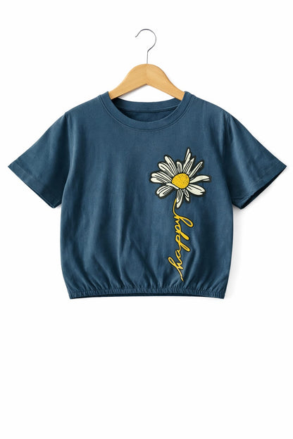 One Flower Blue Short Length T-Shirt Girls 237