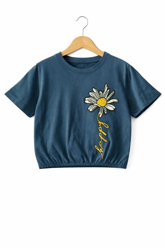 One Flower Blue Short Length T-Shirt Girls 237