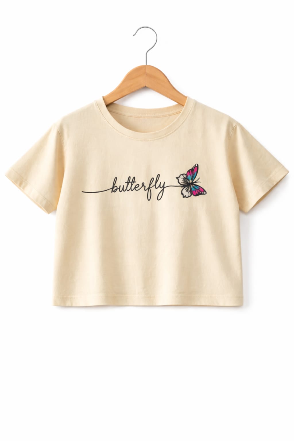 Butterflies Cream  T-Shirt Short Length Girls 225