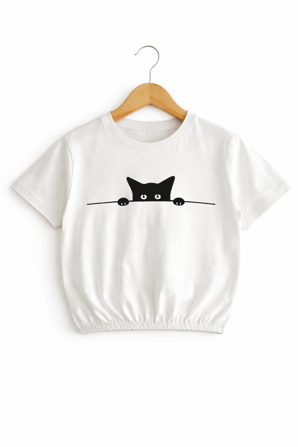 Black Kitten White  T-Shirt Short Length Girls 237
