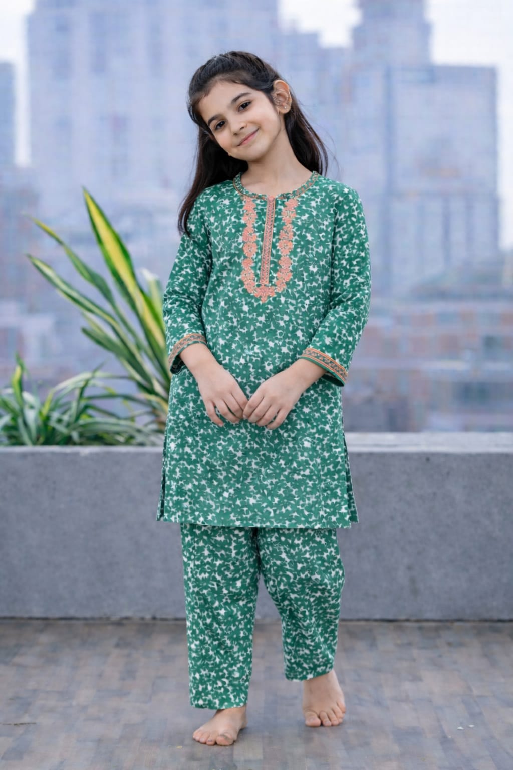 White Green Flowers Printed Neckline Embroidery Girls  Suit