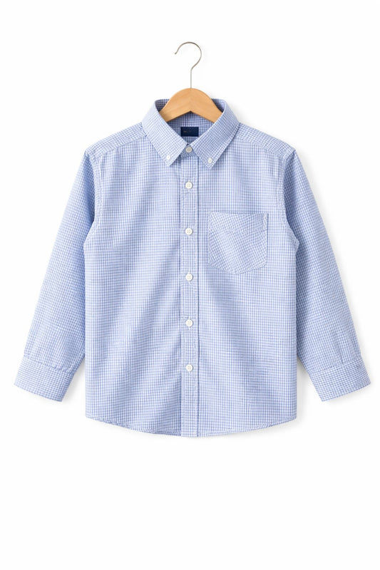 Light Blue&White Checked Long Sleeves Cotton Dress Shirt 104