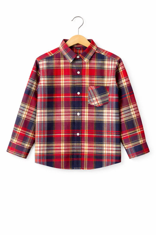 Red& Purple&Navy  Checked Long Sleeve Cotton Dress Shirt 105