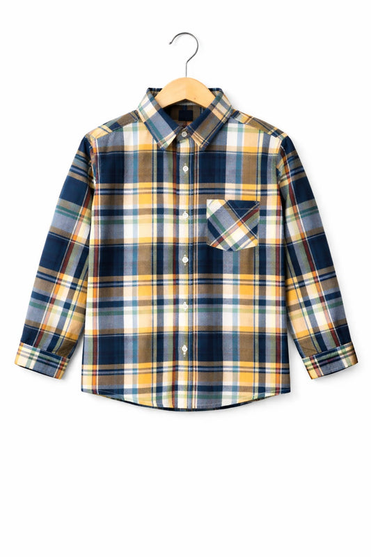 Yellow&Navy Checked Long Sleeve Cotton Dress Shirt 109