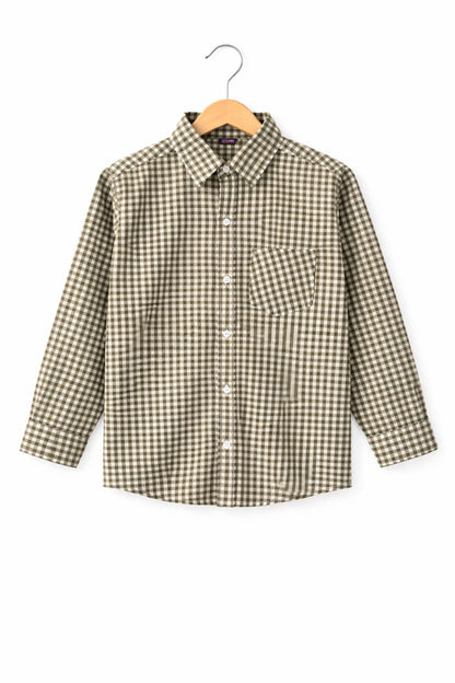 White & Green Checked Long Sleeve Cotton Dress Shirt 109