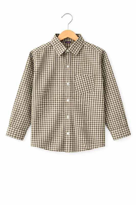 White & Green Checked Long Sleeve Cotton Dress Shirt 109