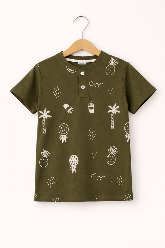 Pineapple Print Olive Green Henly Polo Shirt Boys 255