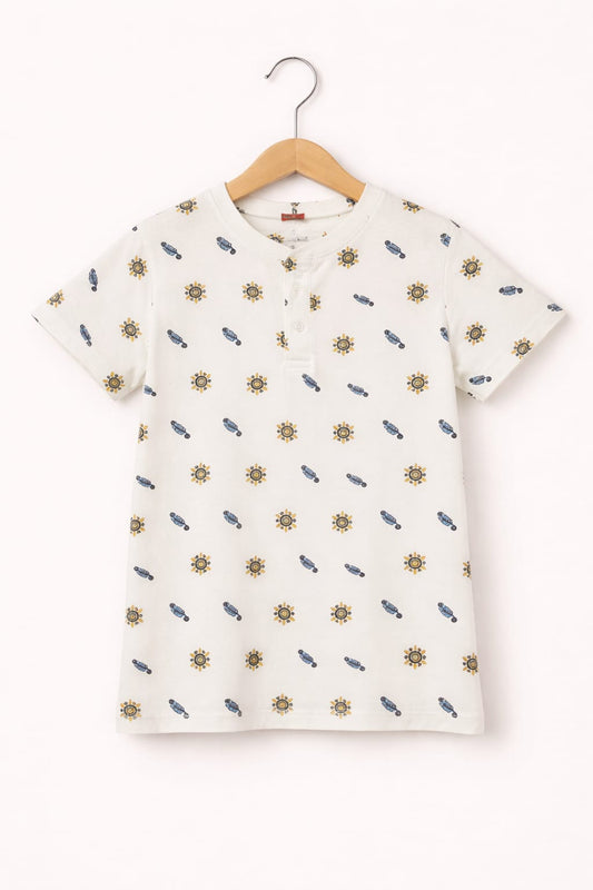 Leaves  Allover Print White Henly Polo Shirt Boys  233