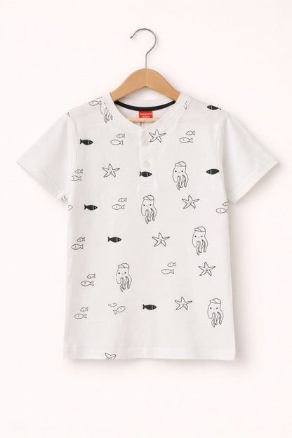 Fish Allover Print Kid's White Henly Polo Shirts Boys 104