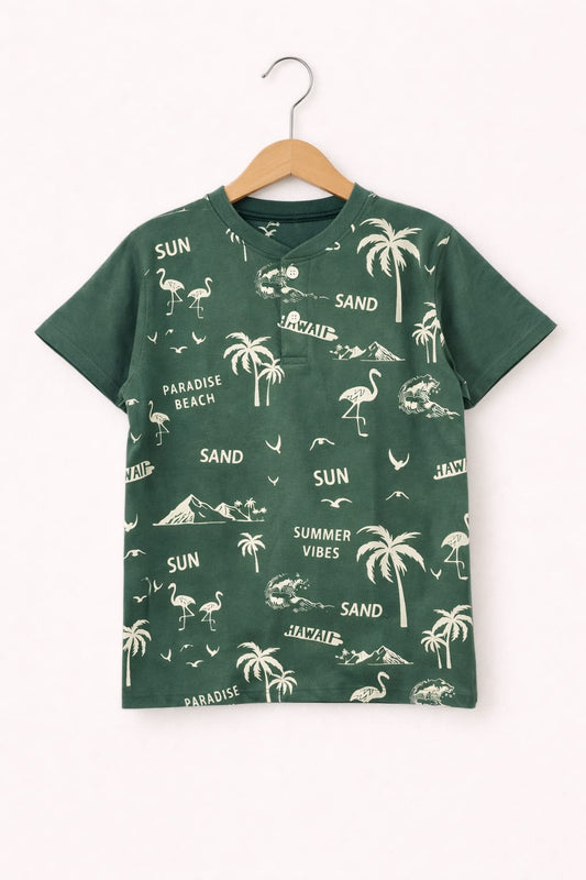 Beach Theme Kid's Forest Green Henly Polo Shirt Boys 109