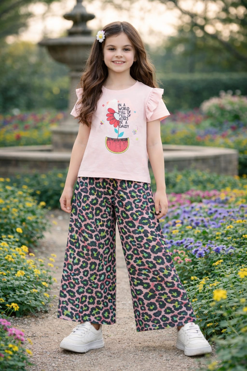 Red Flower Printed Pink  T-shirt Trousers