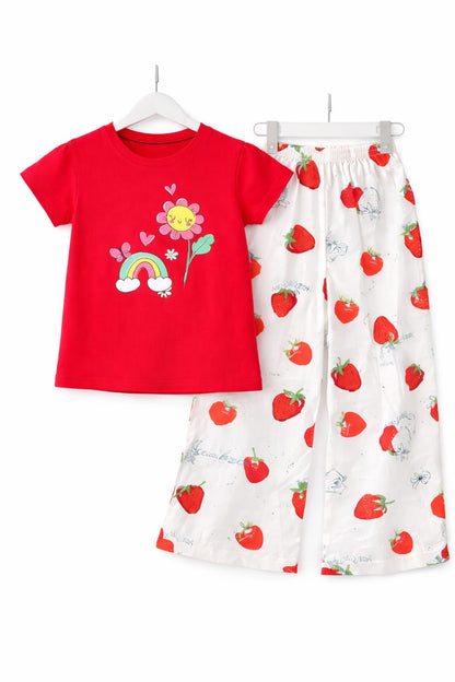 Rainbow & Flowers Printed Red T-shirt Trousers