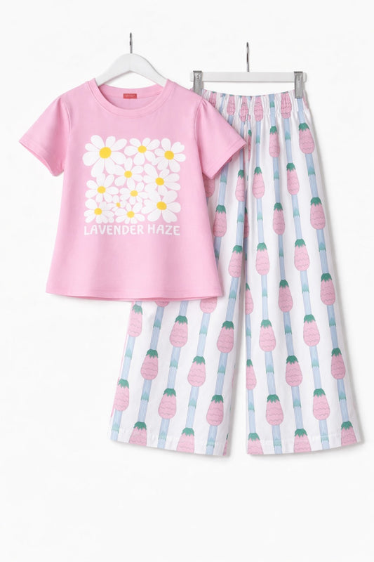 White Flowers Printed Pink   T-shirt Trousers