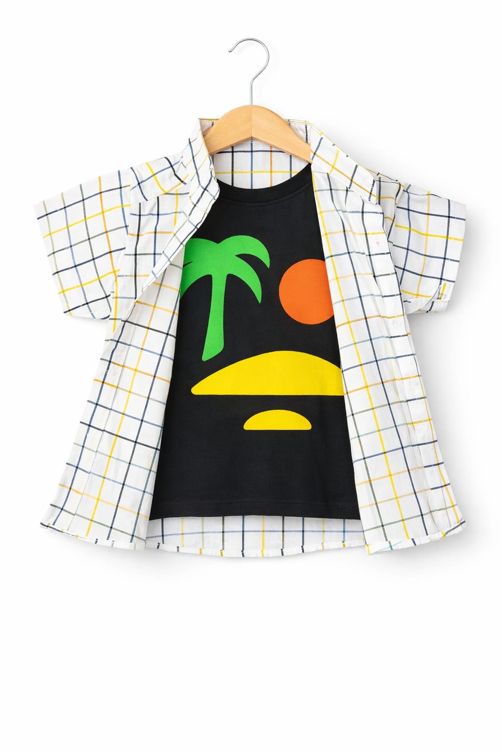 Yellow Blue  Checked Tree Sun  Printed  Double Casual Shirt 286