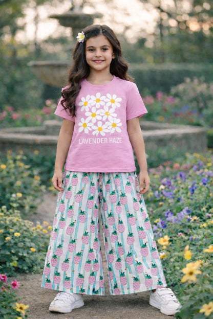 White Flowers Printed Pink   T-shirt Trousers