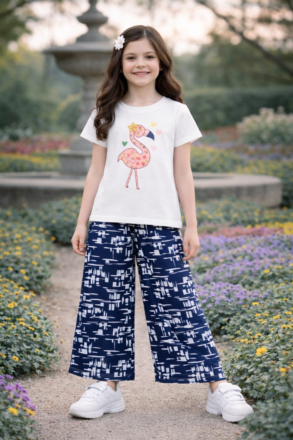 Orange Duck With Yellow Flower Printed White T-shirt Trousers 509