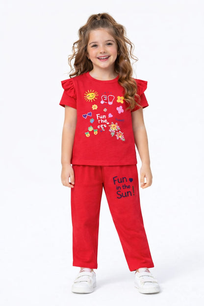 Yellow Pink Flowers Printed Red  T-Shirt &Trousers Girls 243