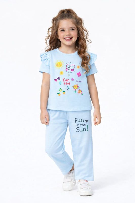 Yellow Pink Flowers Light Blue T-Shirt &Trousers Girls