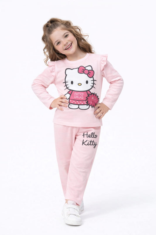White Pink Kitty Printed  Light Pink T-Shirt &Trousers Girls