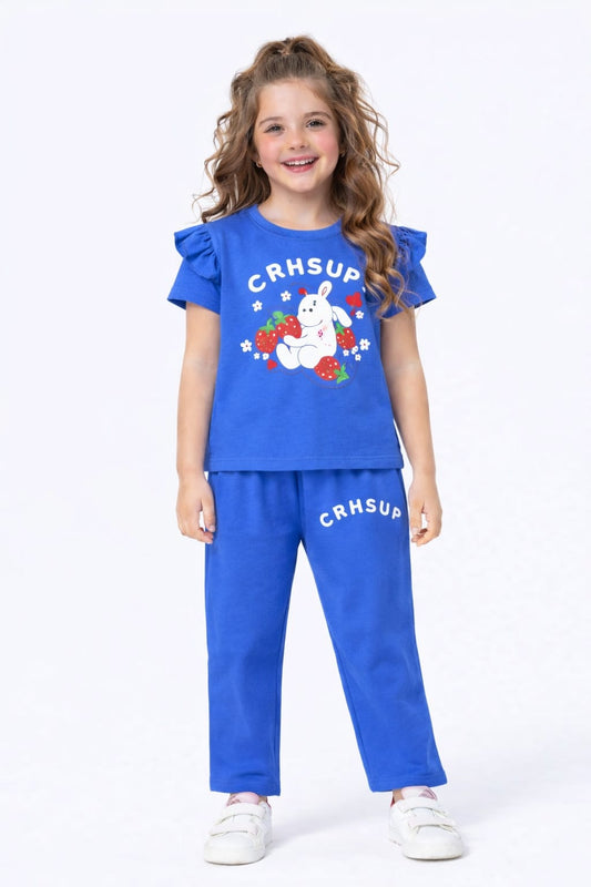 White CRHSUP Printed blue T-Shirt &Trousers Girls