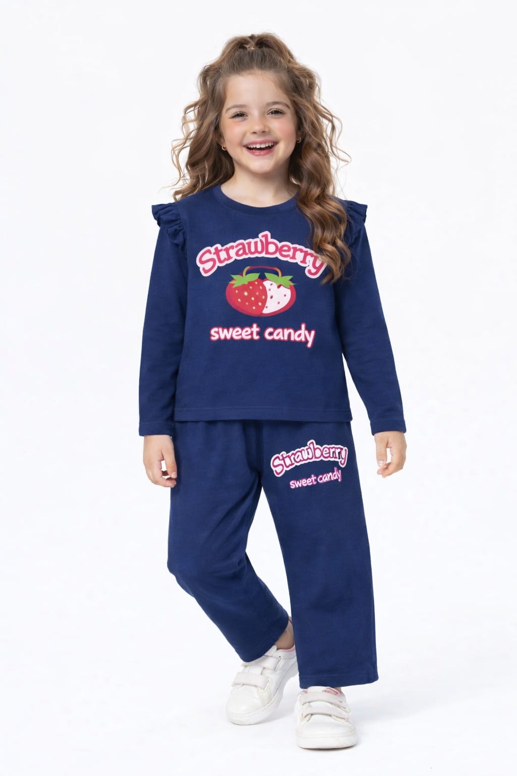 Red Strawberry Printed Dark Blue Full Selves T-Shirt &Trousers Girls 232