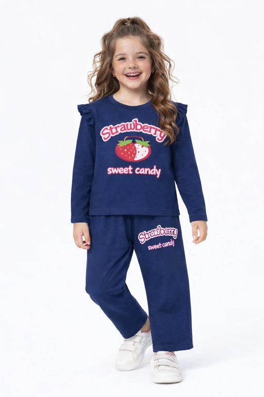 Red Strawberry Printed Dark Blue Full Selves T-Shirt &Trousers Girls