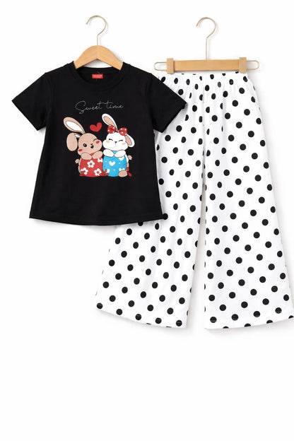 White & peace Rabits [Sweet Time ] Printed Black T-shirt Trouser
