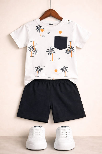 Sun Tree Printed with black Pocket  T-Shirt Nicker Suit 220
