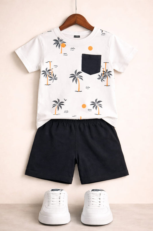 Sun Tree Printed with black Pocket  T-Shirt Nicker Suit