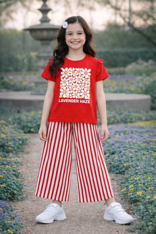 White Flowers  Printed Red T-shirt & Cotton Flapper