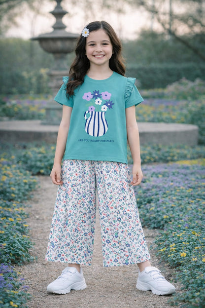 Purple Flowers With Vase Printed Blue T-shirt & Cotton Flapper