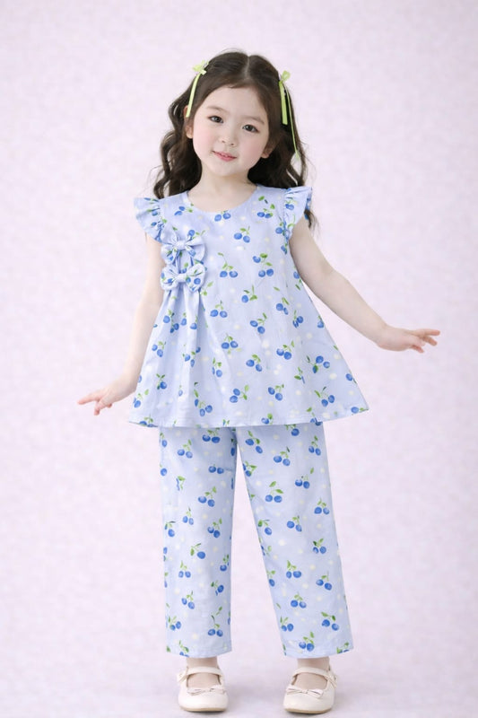 Blue Cheery With green leaves   Printed Light Blue  Girls Co-Ord Set